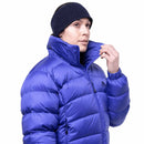 Model wearing blue down jacket, full front outfit view