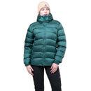 Model wearing green down jacket, front standing view