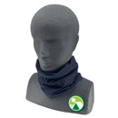 A gray, featureless mannequin bust displays the Great Outdoors Ireland Multifunctional Bandana - Navy Solid. A round green and white logo appears on the right shoulder of the mannequin.