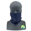 A gray mannequin displays the Great Outdoors Ireland Multifunctional Bandana - Navy Solid, featuring a green and white mountain logo. This versatile bandana covers neck and lower face, offering excellent moisture management.