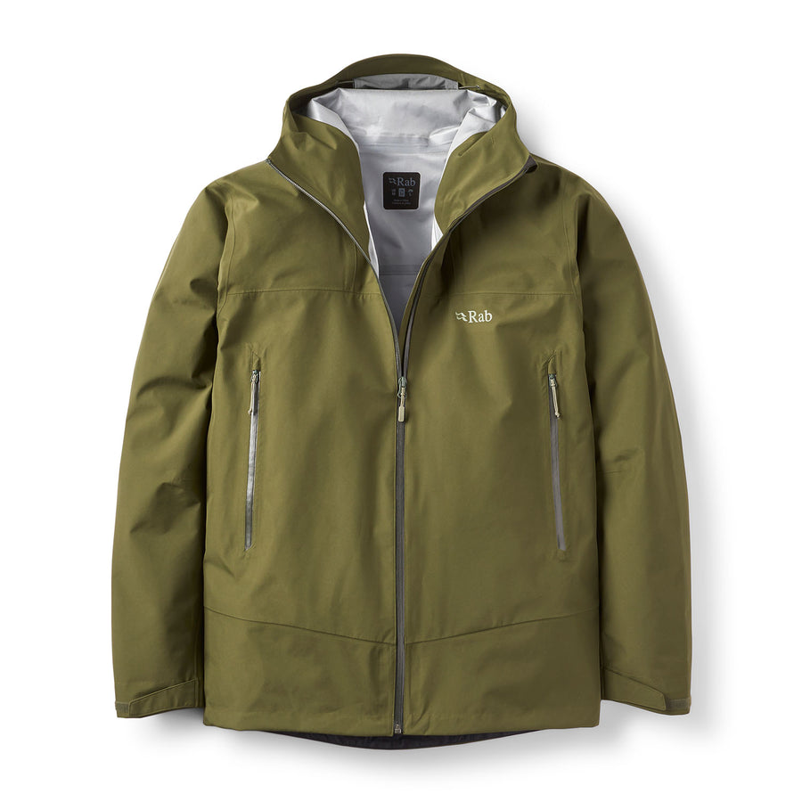 Mens Namche GTX Waterproof Jacket by Rab in olive green, featuring a hood, two zippered chest pockets, and a front zipper. Crafted from recycled fabric, the jacket is displayed flat on a white background with the Rab logo visible on the left chest.
