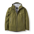 Mens Namche GTX Waterproof Jacket by Rab in olive green, featuring a hood, two zippered chest pockets, and a front zipper. Crafted from recycled fabric, the jacket is displayed flat on a white background with the Rab logo visible on the left chest.