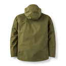 Back view of the Rab Men’s Namche GTX Waterproof Jacket in olive green, featuring a hood and long sleeves. Made from smooth, water-resistant recycled fabric, this jacket has a simple design with no visible logos or decorations, making it well-suited for outdoor activities.