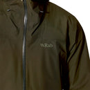 Close-up of the Rab Mens Namche GTX Waterproof Jacket in olive green, featuring a hood and a vertical zipper. The Rab logo is displayed on the chest in light-colored lettering. Made from recycled fabric, the material is designed to be waterproof.