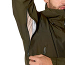 A person unzips the underarm ventilation opening of an olive green Rab Mens Namche GTX Waterproof Jacket, revealing a light-colored inner lining and part of their arm.