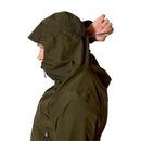 A man wearing the Rab Mens Namche GTX Waterproof Jacket in olive green adjusts the hood using a drawstring at the back, set against a plain white background.