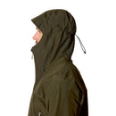 A person in profile wears the Rab Mens Namche GTX Waterproof Jacket in olive green, featuring the hood up and the back drawstring tightened. Made from recycled fabric, the jacket is displayed against a plain white background.