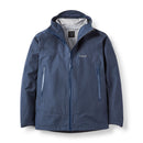 The Rab Mens Namche GTX Waterproof Jacket is a blue hooded shell featuring a front zipper, two zippered side pockets, and the Rab logo on the chest. Made from recycled fabric, this lightweight hiking jacket is ideal for outdoor activities.