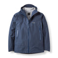 The Rab Mens Namche GTX Waterproof Jacket is a blue hooded shell featuring a front zipper, two zippered side pockets, and the Rab logo on the chest. Made from recycled fabric, this lightweight hiking jacket is ideal for outdoor activities.