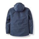 A blue Men’s Namche GTX Waterproof Jacket by Rab, crafted from recycled fabric, is displayed from the back on a white background. The jacket features long sleeves and a relaxed fit, with no visible fasteners or decorations.