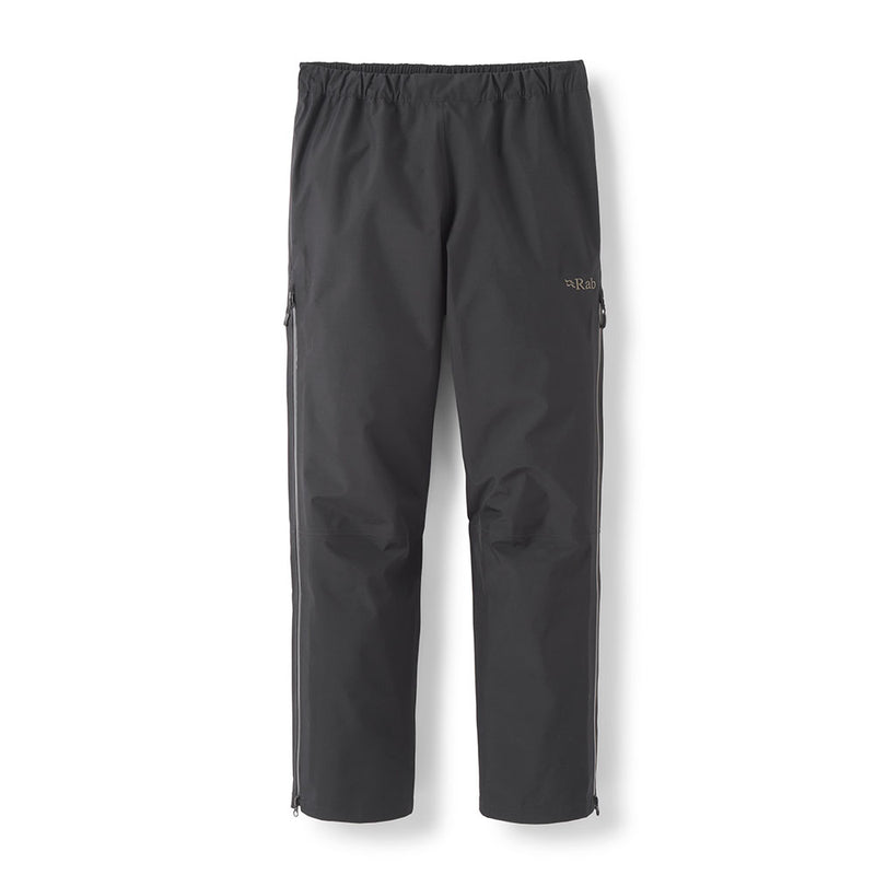 The Rab Mens Namche Hike GORE-TEX Pants are black waterproof overtrousers featuring an elastic waistband, zippered side pockets, and lower leg zippers. Designed for durability and comfort on the trails, these hiking pants provide excellent protection in wet conditions. The pants are shown against a white background.
