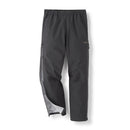 Rab Mens Namche Hike GORE-TEX Pants, shown against a white background, are black waterproof trousers with zippered sides and an elastic waistband. Designed for hiking as GORE-TEX overtrousers, they feature slightly open legs that reveal the light gray inner lining.