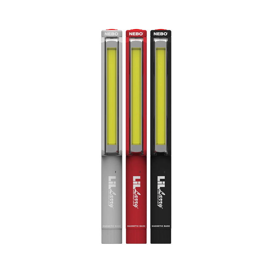 Compact Lil Larry flashlight: Powerful COB LED technology, magnetic base, and emergency Red Flash mode for versatile lighting needs. 
