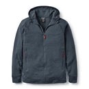 A Mens Nexus Fleece Hoody by Rab, shown in dark gray on a white background, crafted from recycled fleece with red zipper pulls, front pockets, and long sleeves for breathable warmth.
