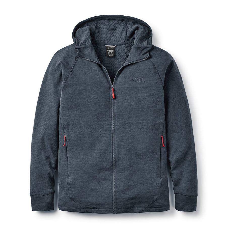 A Mens Nexus Fleece Hoody by Rab, shown in dark gray on a white background, crafted from recycled fleece with red zipper pulls, front pockets, and long sleeves for breathable warmth.