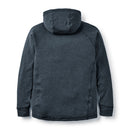 Rear view of the Mens Nexus Fleece Hoody by Rab in dark gray, showcasing long sleeves and a fitted silhouette with a clean, logo-free design. Made from recycled fleece, the fabric has a soft, subtly textured finish that delivers breathable warmth for enhanced comfort.
