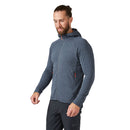 A man with a beard and long hair tied back wears the Rab Mens Nexus Fleece Hoody in blue, made from recycled fleece for breathable warmth. He stands against a white background in dark pants, looking slightly down with a neutral expression.