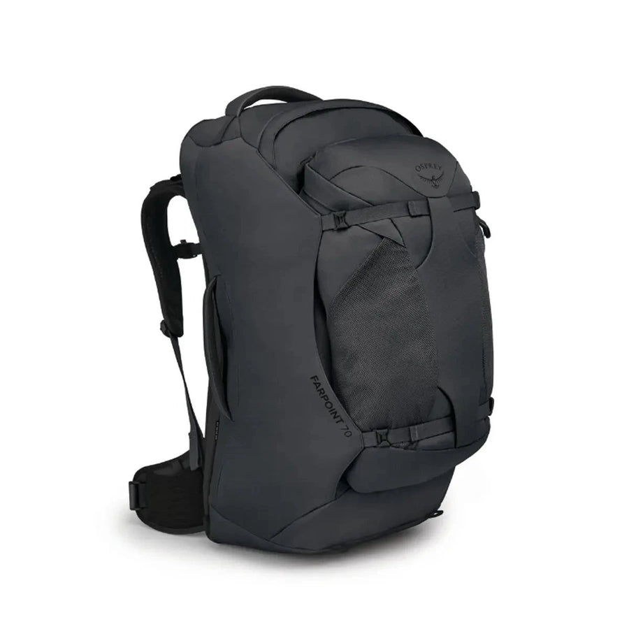 Osprey Farpoint 70 Travel Pack front flat lay, Tunnel Vision Grey
