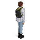 Osprey Kids' Daylite Jr. Backpack worn, full length back, Black/Lemongrass