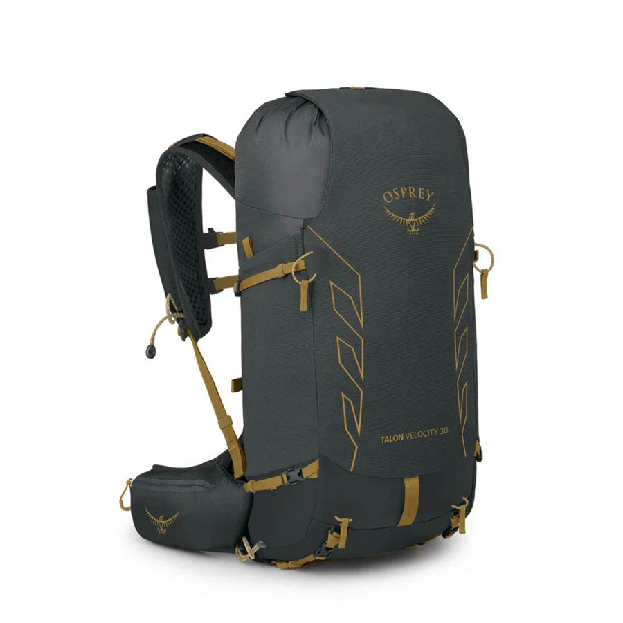 Osprey Talon Velocity 30 Backpack side profile, Dark Charcoal/Tumbleweed