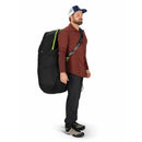 Osprey AirPorter Travel Pack Cover worn on backpack, full length side profile, Black