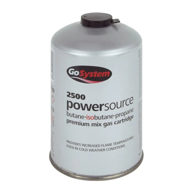 The GoSystem Powersource 445g B/P Mix Cartridge is a metal threaded gas cartridge with a butane-isobutane-propane mix, designed for increased flame temperatures and reliable outdoor use in cold weather.