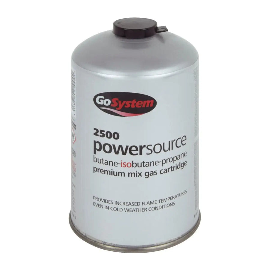 The GoSystem Powersource 445g B/P Mix Cartridge is a metal threaded gas cartridge with a butane-isobutane-propane mix, designed for increased flame temperatures and reliable outdoor use in cold weather.