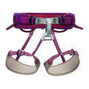 Purple climbing harness with beige foot straps on a white background