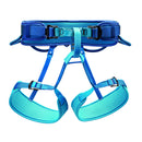 Blue and turquoise climbing harness on a white background