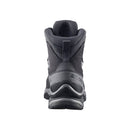 A rear view of the Salomon Womens Quest 5 GORE-TEX Hiking Boot in black, showing its sturdy heel, textured sole, cushioned ankle support, and Salomon branding—perfect for those seeking durable waterproof hiking boots.