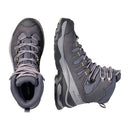 The Salomon Womens Quest 5 GORE-TEX Hiking Boot in gray with black soles and yellow accents is shown from top-down and side views on a white background.