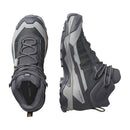 The Salomon Womens X-Ultra 5 Mid GORE-TEX Hiking Boot is shown in gray and black from two angles: a top view displaying laces, tongue, and Matryx upper, and a side view highlighting the tread, sole, and design.