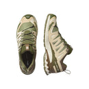 The Salomon Mens XA Pro 3D V9 GORE-TEX Trail Shoe in green and beige is shown from top and side views, showcasing its rugged sole and supportive design—ideal for technical terrain.