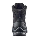 Rear view of a black Men’s Quest 5 GORE-TEX Hiking Boot by Salomon, showing the heel, pull tab, textured sole with 4D Advanced Chassis, and visible SALOMON branding and size 40 against a white background.
