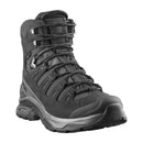 The Salomon Men’s Quest 5 GORE‑TEX Hiking Boot is a black high-top with sturdy laces, rugged tread, and reinforced toe and heel, featuring 4D Advanced Chassis for stability—ideal waterproof boots for tough outdoor adventures.