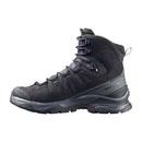 The Salomon Men’s Quest 5 GORE‑TEX Hiking Boot is a black, waterproof hiking boot with 4D Advanced Chassis stability, rugged sole, high ankle support, lace-up front, and reinforced toe—ideal for outdoor and trail adventures.