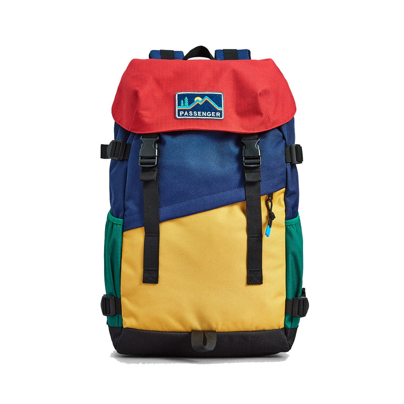 Colorful Passenger backpack with a visible brand logo on a white background
