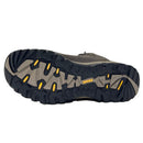 The image displays the sole of Meindl Mens Trento GTX Walking Boots, featuring a rugged black and gray tread with yellow accents and the Vibram logo.