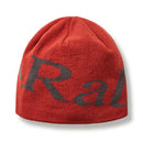 A red Rab Logo Beanie made from recycled fabric with large dark gray Rab lettering partially visible on the front.