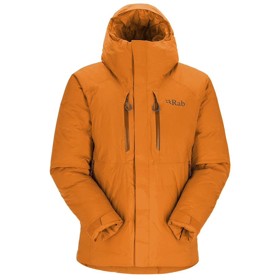Rab Men's Batura Waterproof Down Jacket front flat lay, Marmalade