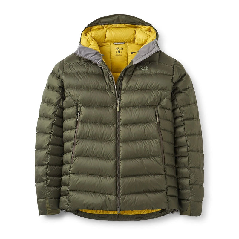 Rab Men's Electron Pro Down Jacket front flat lay with inner lining, Army