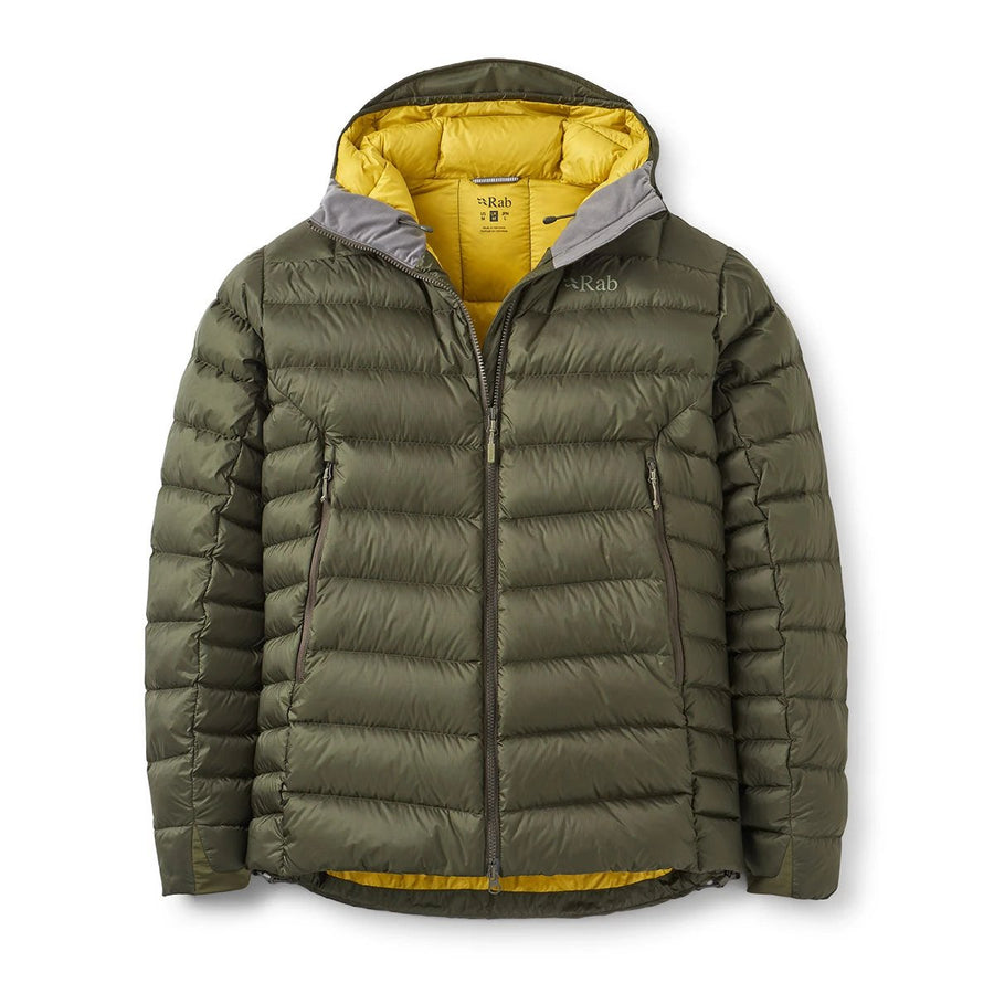 Rab Men's Electron Pro Down Jacket front flat lay with inner lining, Army