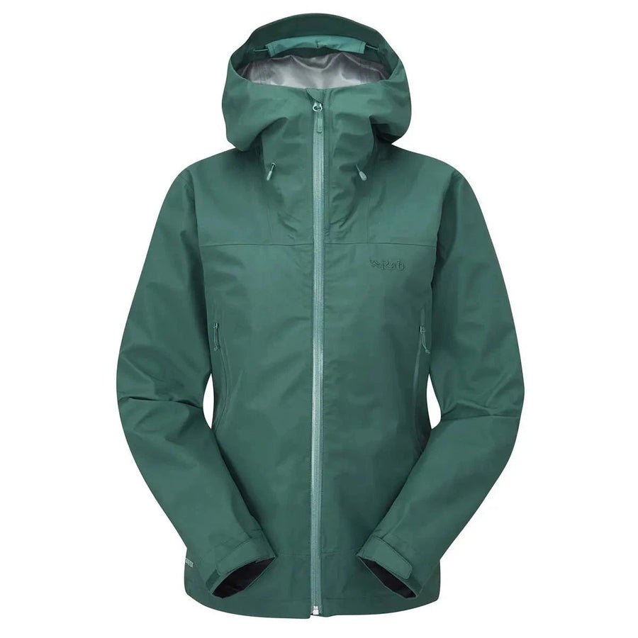 Rab Women's Namche GORE-TEX Jacket front flat lay, Green Slate