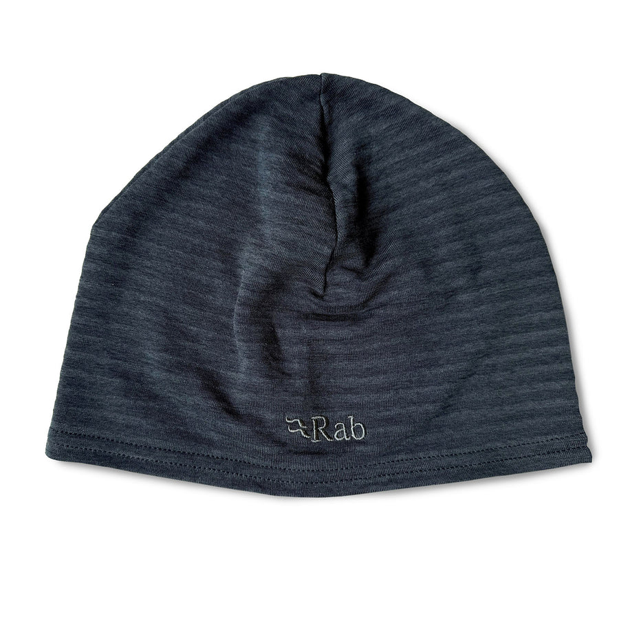 A Black Rab striped-fleece beanie in black on a white background