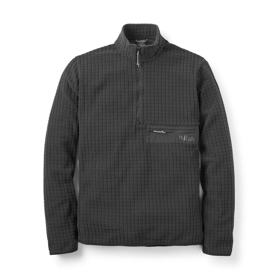 The Rab Mens Ramshaw Pull-On Fleece is a black, long-sleeve grid fleece pullover crafted with breathable Thermic fabric. It features a quarter-zip collar and a zippered chest pocket on the left side, adorned with the Rab logo. Designed as an all-mountain midlayer, the pullover is shown laid flat against a white background.