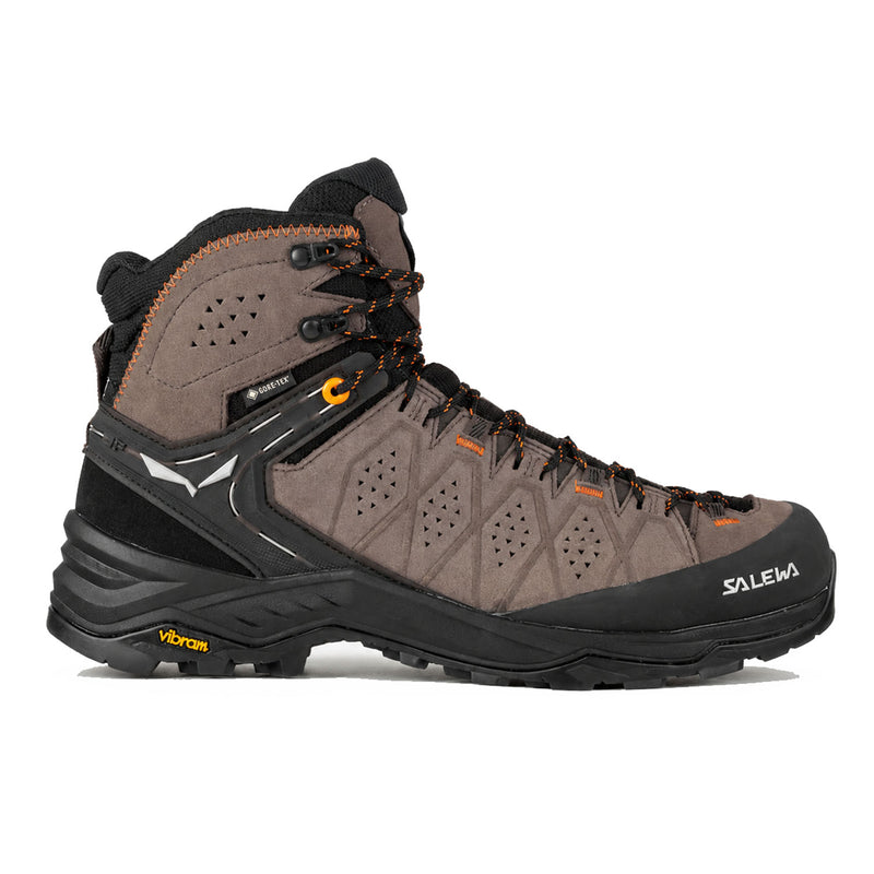 A Salewa mid-height hiking boot in brown suede and black synthetic materials, featuring orange accents on the laces and branding, shown from a side profile on a white background.