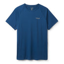 The Rab Mens Sonic Tee is a blue short-sleeve athletic t-shirt designed for mountain running, featuring the Rab logo on the left chest. It has subtle textured lines, a crew neckline, and is made from moisture-wicking fabric with odour control to keep you fresh on every adventure.