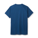 The Mens Sonic Tee by Rab is pictured from the back against a white background. This blue short-sleeve athletic shirt features subtle seam details and a clean, logo-free design. Designed for high-intensity activities such as mountain running, this moisture-wicking tee provides odour control to help you stay fresh throughout your workout.