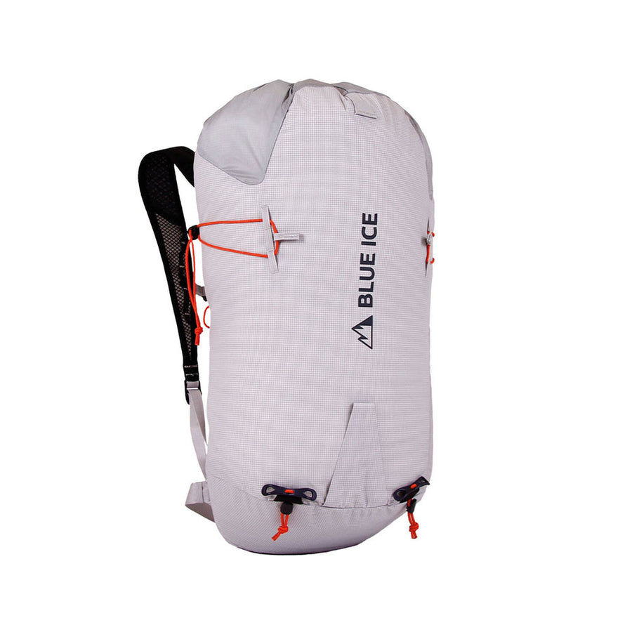 White ultralight backpack with 'Blue Ice' branding on a white background