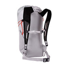 Light gray backpack with black straps on a white background